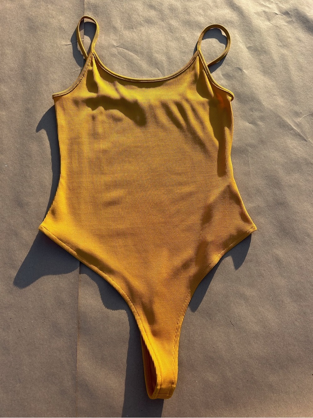 Yellow Ribbed Spaghetti Strap Bodysuit - Picture 2 of 12